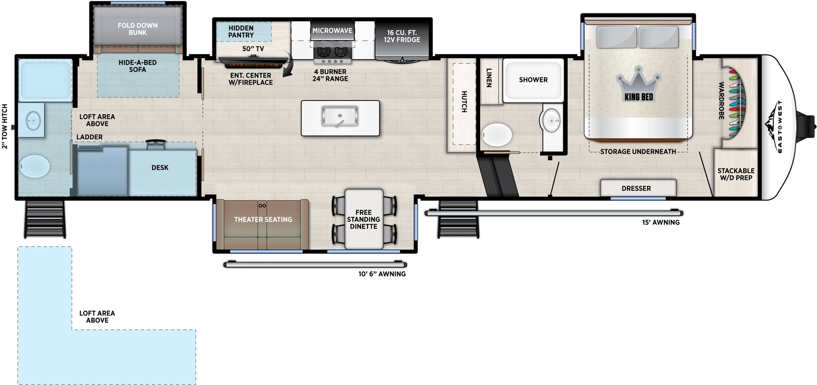 The Tandara 387BH floorplan has two entries and four slide outs. Exterior features include: fiberglass exterior and 10'6" & 15' awning. Interiors features include: loft, kitchen island, free-standing dinette option, front bedroom, rear bathroom and two full bathrooms.